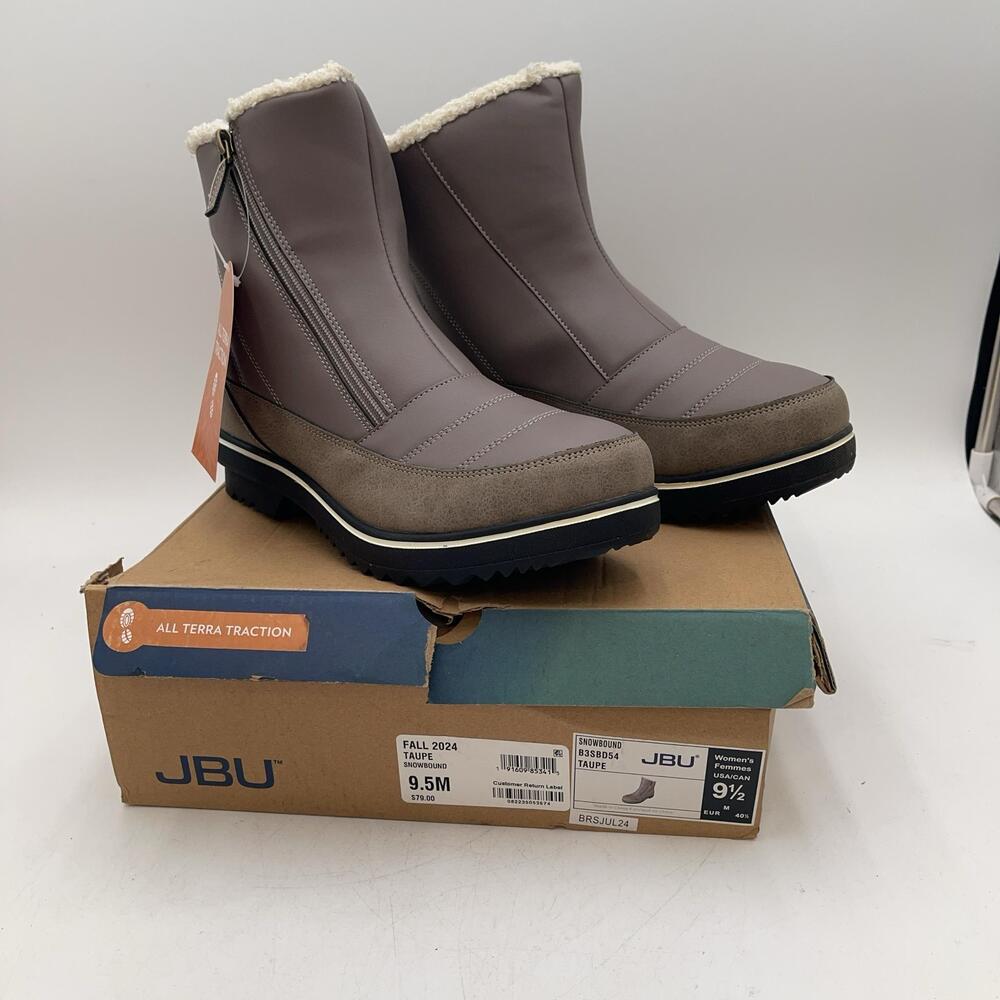 JBU Snowbound Boots Womens Taupe Brown Ankle Synthetic Fur Trim Zip New Sz 9.5M
